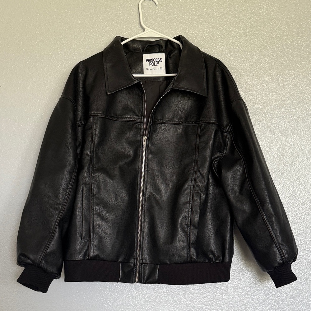 Princess Polly Black Faux Leather Bomber Jacket